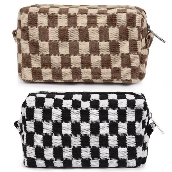 Picture of SOIDRAM 2 Pieces Makeup Bag Checkered Cosmetic Bag Black Brown Makeup Pouch Travel Toiletry Bag Organizer Cute Makeup Brushes Storage Bag for Women