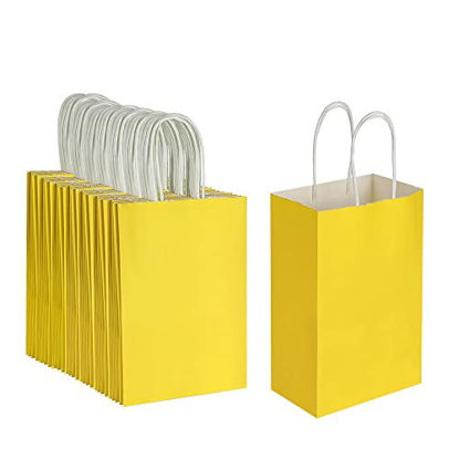 Picture of Oikss 100 Pack 5.25x3.25x8.25 inch Small Kraft Bags with Handles Bulk, Paper Bags Birthday Wedding Party Favors Grocery Retail Shopping Business Goody Craft Gift Bags Cub Sacks (Yellow 100PCS Count)