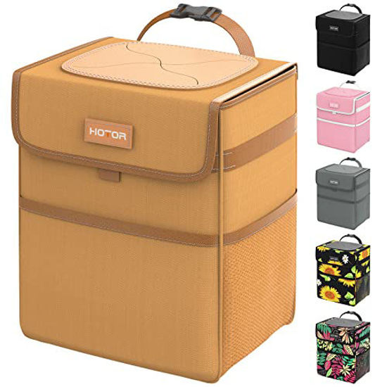 Picture of HOTOR Car Trash Can with Lid, Brown Car Trash Bag Hanging with Storage Pockets, 100% Leak-Proof Car Garbage Can with Adjustable Straps, Magnetic Snaps, Waterproof Car Garbage Bin for Interior Car