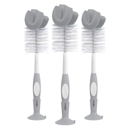 Picture of Dr. Brown's Reusable Sponge Baby Bottle Cleaning Brush Set with Suction Cup Stand, Scrubber and Nipple Cleaner, Gray, 3 Pack