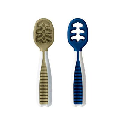 Picture of NumNum Pre-Spoon GOOtensils | Baby Spoon Set (Stage 1 + Stage 2) | BPA Free Silicone Self Feeding Toddler Utensils | For Kids Ages 6 Months+, 2 Spoons, (Olive/Navy)