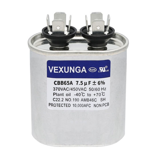 Picture of VEXUNGA 7.5uF 370/440VAC 50/60Hz CBB65 CBB65A Oval Run Start Capacitor 7.5 MFD 370V/440V Air Conditioner Capacitors for AC Unit Fan Motor Start or Pool Pump or Air Condenser Straight Cool