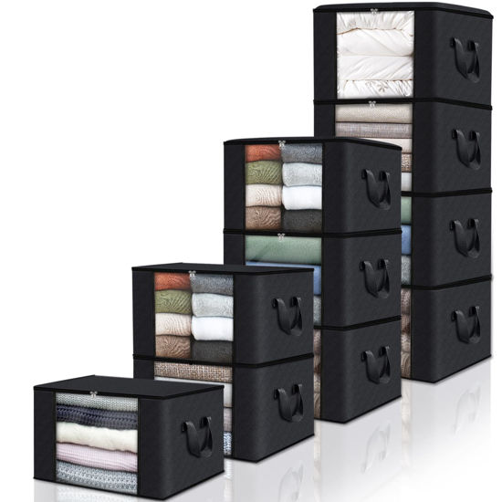 Picture of Fab totes 10 Pack Clothes Storage, Foldable Blanket Storage Bags, Storage Containers for Organizing Bedroom, Closet, Clothing, Comforter, Organization and Storage with Lids and Handle, Black