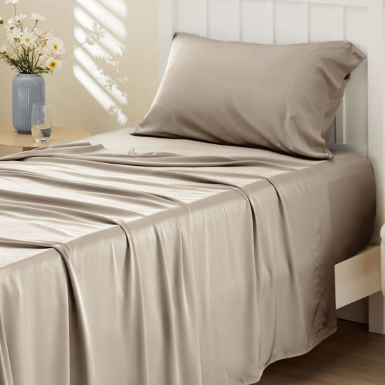 Picture of Bedsure Cooling Sheets Set, Rayon Made from Bamboo, Twin Sheets for Hot Sleeper, Deep Pocket Up to 16", Hotel Luxury Silky Soft Breathable Bedding Sheets & Pillowcases,Simply Taupe