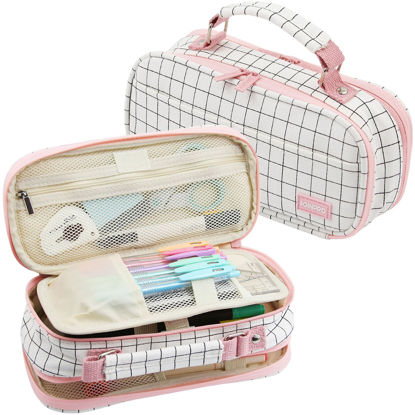 Picture of JOINPRO Pencil Case, Large Capacity Pencil Case Organizer; Double Zipper Storage Bag; Big Pencil Pouch for College School Office Teen Girl Boy Men Women Adult (Plaid White)