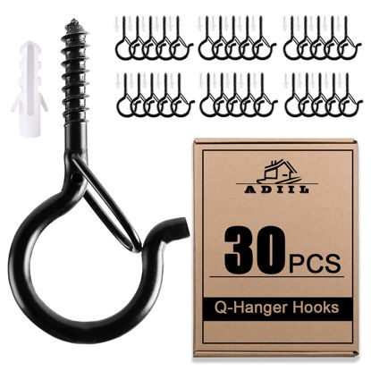 Picture of ADIIL 30 PCS Q Hanger Hooks with Safety Buckle, Windproof Screw Hooks for Hanging Outdoor String Lights, Ceiling Outdoor Hooks for Hanging Plants, Christmas Lights & Patio Lights, 2.2 Inches, Black