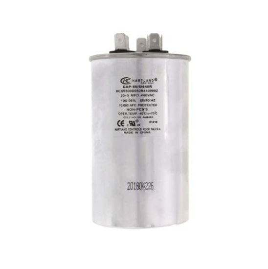 Picture of The HVAC Genius 50/5 uF 50+5 MFD 370V/440V Dual Run Start Round AC Capacitor for 50 5 uF 370/440 Volt VAC Air Conditioner Capacitor for AC Unit Fan Motor Start, Heat Pump, Condenser Straight Cool