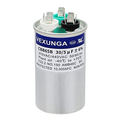 Picture of VEXUNGA 30/5 uF 30+5 MFD 370VAC or 440VAC Dual Run Start Round A/C Capacitor CBB65 CBB65B Air Conditioner Capacitors for AC Unit Fan Motor Start or Heat Pump or Condenser Straight Cool