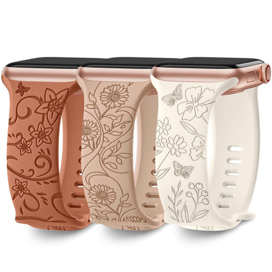 Picture of 3 Pack Floral Engraved Bands Compatible with Apple Watch Band 40mm 41mm 38mm 42mm 44mm 45mm 49mm Women,Soft Silicone Cute Wildflowers Sport Laser Strap for iWatch Bands Series Ultra SE 8 6 5 4 3 2 1