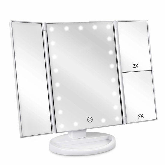 Picture of deweisn Floor Mount Tri-Fold Lighted Vanity Mirror with 21 LED Lights, Touch Screen and 3X/2X/1X Magnification, Two Power Supply Modes Make Up Mirror,Travel Mirror