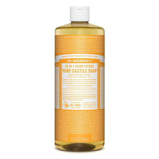 Picture of Dr. Bronner’s - Pure-Castile Liquid Soap (Citrus, 32 ounce, 2-Pack) - Made with Organic Oils, 18-in-1 Uses: Face, Body, Hair, Laundry, Pets and Dishes, Concentrated, Vegan, Non-GMO