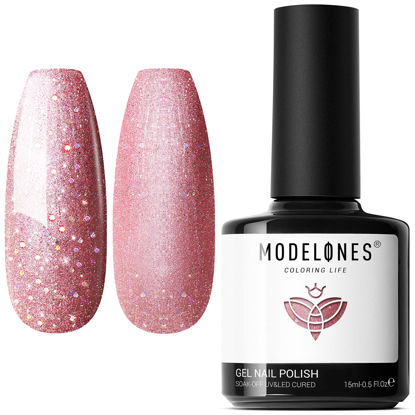 Picture of modelones Gel Nail Polish, 15ML Pink Gel Polish Spring Barely Pink Glitter Nail Polish Gel Soak Of fLED Nail Art Manicure Soak Off DIY Salon Valentines Day Gifts for Women