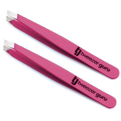 Picture of Tweezer Guru Tweezers for Women - 2pc Slant Pointed Precision Tweezers for Eyebrows & Ingrown Hair Removal - Blackhead and Splinter Tweezer with Sharp Needle Nose Point for Plucking (Classic Pink)