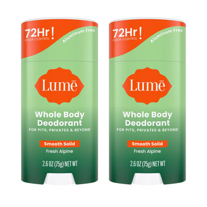 Picture of Lume Whole Body Deodorant - Smooth Solid Stick - 72 Hour Odor Control - Aluminum Free, Baking Soda Free and Skin Safe - 2.6 Ounce (Pack of 2) (Fresh Alpine)