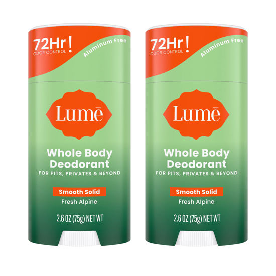 Picture of Lume Whole Body Deodorant - Smooth Solid Stick - 72 Hour Odor Control - Aluminum Free, Baking Soda Free and Skin Safe - 2.6 Ounce (Pack of 2) (Fresh Alpine)