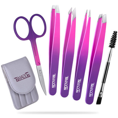 Picture of Eyebrow Tweezer Set, TsMADDTs 6 Pcs Tweezers Set for Women, Precision Tweezer for Eyebrows with Curved Scissors for Ingrown Hair, Hair Plucking Daily Beauty Tools (Pink&Purple)