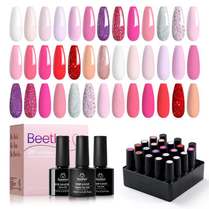 Picture of beetles Gel Polish Nail Set 20 Colors Alluring Sweetie Collection Nude Pink Purple Glitter Red Manicure Kit with Base Glossy and Matte Top Coat