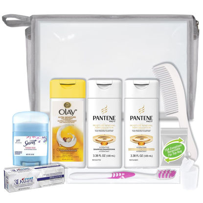 Picture of Convenience Kits International Women's 10-Piece Deluxe Kit with Travel Size TSA Compliant Essentials, Featuring: Pantene Hair Products in Reusable Toiletry Bag - Clear color