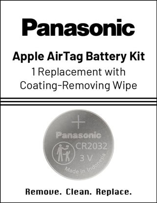 Picture of Panasonic AirTag Battery Kit, Size CR2032 with Bitterant Coating-Removing Wipe, Apple-Approved OEM Replacement for AirTag