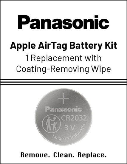 Picture of Panasonic AirTag Battery Kit, Size CR2032 with Bitterant Coating-Removing Wipe, Apple-Approved OEM Replacement for AirTag