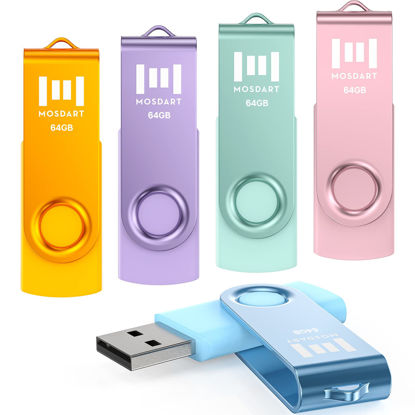 Picture of MOSDART 64GB USB Flash Drive 5 Pack, 64 GB Multicolor Multipack USB2.0 Thumb Drives, Swivel Design with LED Light, exFAT Jump Drive Memory Stick for Computers, Data Storage