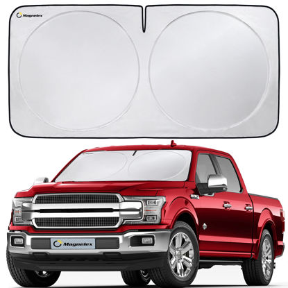 Picture of Magnelex Car Windshield Sun Shade with Storage Pouch. Reflective 240T Material Car Sun Visor with Mirror Cut-Out for Car Truck Van or SUV. Foldable Sun Shield for Sun Heat and UV Protection (X-Large)