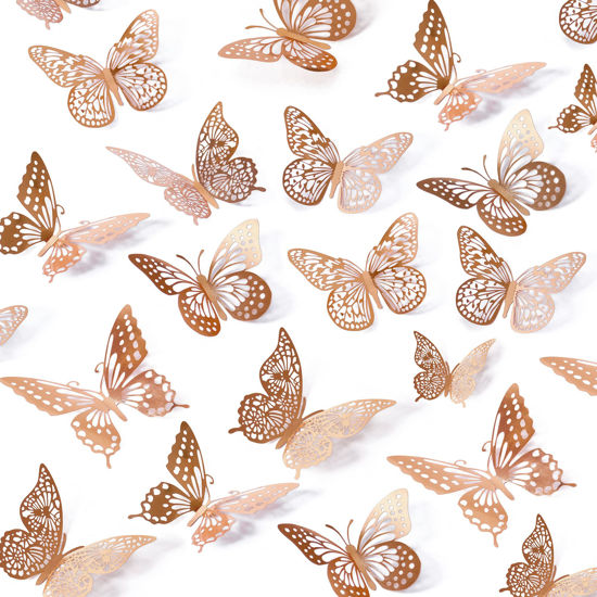 Picture of SAOROPEB 3D Butterfly Wall Decor, 48 Pcs 4 Styles 3 Sizes, Removable Metallic Wall Sticker Room Mural Decals for Kids Bedroom Nursery Classroom Party Decoration Wedding Decor DIY Gift (Rose Gold)