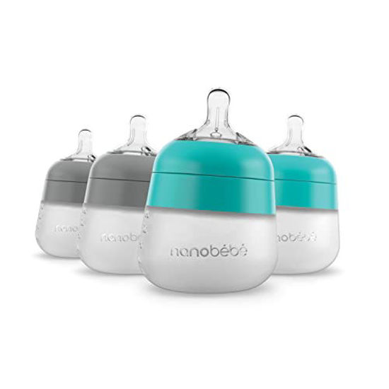 Picture of Nanobébé Flexy Silicone Baby Bottle, Anti-Colic, Natural Feel, Non-Collapsing Nipple, Non-Tip Stable Base, Easy to Clean 4-Pack, Grey/Teal, 5 oz