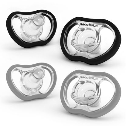 Picture of Nanobebe Active Baby Pacifiers 4-36 Months - Orthodontic, Lightweight and Vented, Curves Comfortably with Face Contour, 100% Silicone - BPA Free, Perfect Baby Registry Gift 4pk, Black/Grey