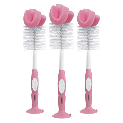 Picture of Dr. Brown's Reusable Sponge Baby Bottle Cleaning Brush Set with Suction Cup Stand, Scrubber and Nipple Cleaner, Pink, 3 Pack