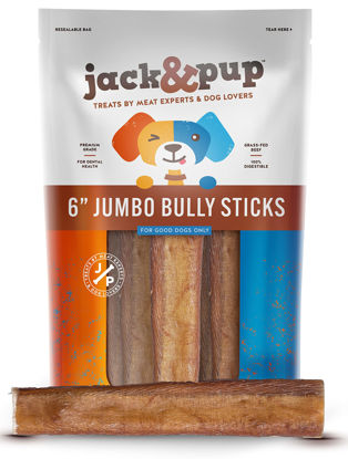 Picture of Jack&Pup 6-inch Premium Odor Free Bully Sticks Dog Treats [Jumbo Size],- 6” Long Natural Gourmet Chews Dog Treat - Fresh Beef Flavor - 60% Longer Lasting Bully Stick