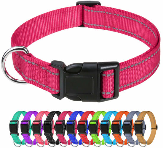 Picture of TagME Reflective Nylon Dog Collars, Adjustable Classic Dog Collar with Quick Release Buckle for Medium Dogs, Hot Pink, 1.0" Width