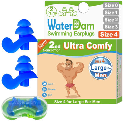 Picture of WaterDam Swimming Ear Plugs Great Waterproof Ultra Comfy Earplugs Prevent Swimmer's Ear (Size 4+4: Large Ear Men (Blue Blue))