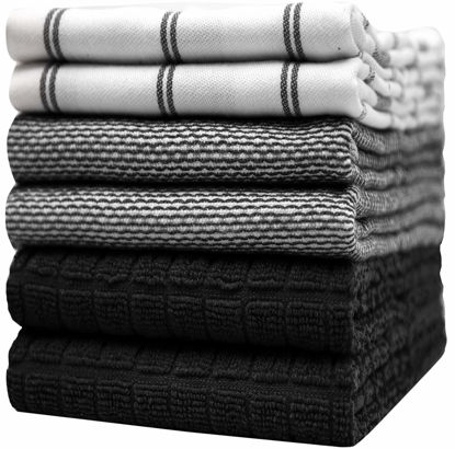 Picture of Premium Kitchen Towels (20”x 28”, 6 Pack) | Large Cotton Kitchen Hand Towels | Flat & Terry Towel | Dish Towels | Black Kitchen Towels | Highly Absorbent Tea Towels Set With Hanging Loop | Black Check