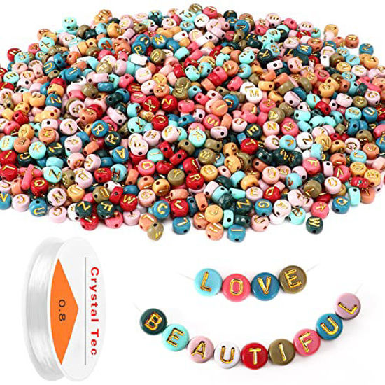 Picture of Colored Letter Beads, DECYOOL 1900Pcs 4×7mm Colorful Gold Acrylic Alphabet Beads with 1 Roll Elastic String for Bracelet Necklace Jewelry Making Supplies