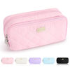 Picture of Sooez Large Pencil Case Pouch, Extra Big Pencil Bag with 8 Compartments, Pen Bag Wide Opening, Soft Quilted Pencil Pouch Organizer with Zipper, Portable Pencil Case for Teen Girls, Pink