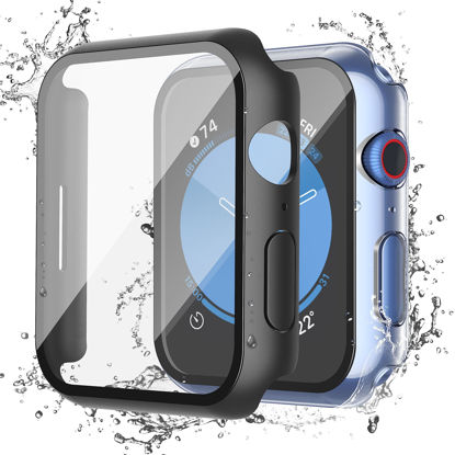 Picture of Misxi [2 Pack] Waterproof Case with Button for Apple Watch Series 6 SE Series 5 Series 4 44mm, Anti-Fall Protective PC Cover with Tempered Glass Screen Protector for iWatch, 1 Black + 1 Transparent