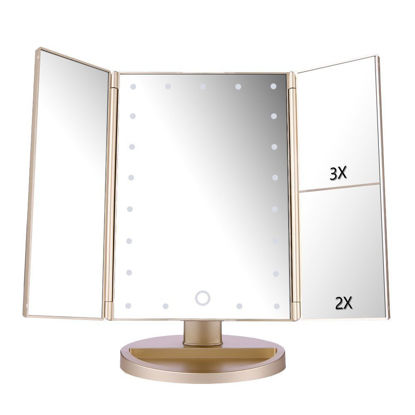 Picture of deweisn Floor Mount Tri-Fold Lighted Vanity Mirror with 21 LED Lights, Touch Screen and 3X/2X/1X Magnification, Two Power Supply Modes Make Up Mirror,Travel Mirror