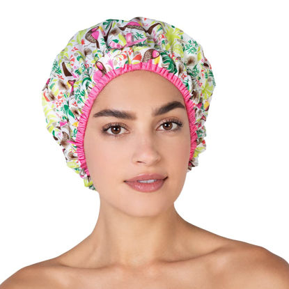 Picture of Reusable Shower Cap & Bath Cap & Lined, Oversized Waterproof Shower Caps Large Designed for all Hair Lengths with PEVA Lining & Elastic Band Stretch Hem Hair Hat - Fashionista Tropical