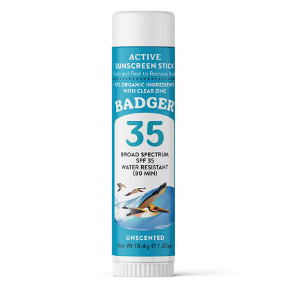 Picture of Badger Face Sunscreen Stick SPF 35 with Mineral Zinc Oxide, Travel Size Sunscreen, 97% Organic Ingredients, Reef Friendly SPF Stick Sunscreen for Face, Unscented, 0.65 oz