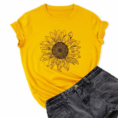 Picture of GLIGLITTR Women's Summer Sunflower T Shirt Cute Flower Graphic Loose Tees Crew Neck Short Sleeve Casual Tops(Yellow-A,X-Large)