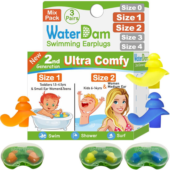 Picture of WaterDam Swimming Ear Plugs Great Waterproof Ultra Comfy Earplugs Prevent Swimmer's Ear (Size 1+2+2: Toddlers Kids Teens Small Medium Ear Women (Orange Blue Yellow))