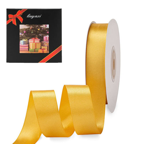 Picture of Solid Color Double Faced Yellow Gold Satin Ribbon 7/8" X 25 Yards, Ribbons Perfect for Crafts, Wedding Decor, Bow Making, Sewing, Gift Package Wrapping and More