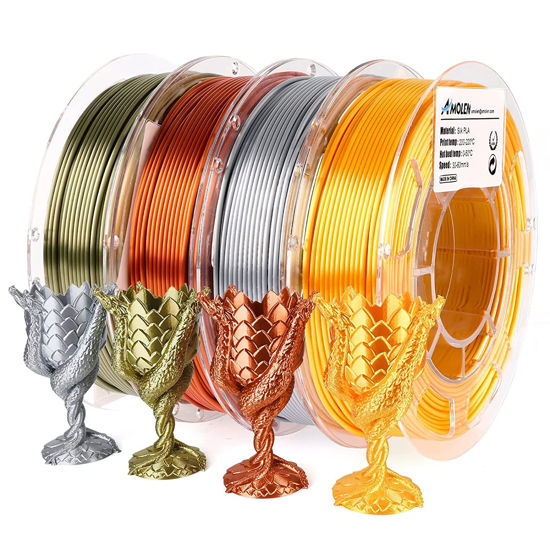 Picture of AMOLEN PLA 3D Printer Filament,PLA Filament 1.75mm,Silk Filament Bundle,Gold, Silver,Bronze, Red Copper,3D Printing Filament Bundle, 200gX 4 Spools