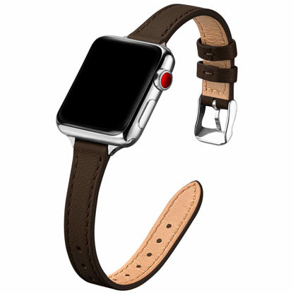 Picture of STIROLL Slim Leather Bands Compatible with Apple Watch Band 38mm 40mm 41mm 42mm 44mm 45mm 49mm,Top Grain Leather Watch Thin Wristband for iWatch Ultra SE Series 8/7/6/5/4/3/2/1 (Coffee with Silver)