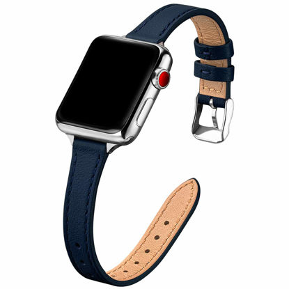 Picture of STIROLL Slim Leather Bands Compatible with Apple Watch Band 38mm 40mm 41mm 42mm 44mm 45mm 49mm,Top Grain Leather Watch Thin Wristband for iWatch Ultra SE Series 8/7/6/5/4/3/2/1(Navy with Silver)