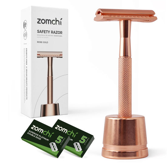 Picture of Safety Razor for Women, Ladies Razor with a Razor Stand, Double Edge Razor with a Texture Handle, Metal Razor Women, Fits All Double Edge Razor Blades (Rose Gold)