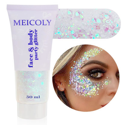 Picture of MEICOLY White Body Glitter,Singer Concerts Music Festival Rave Accessories,Mermaid Face Glitter Gel,Sequins Glitter Face Paint,Chunky Glitter for Eye Lip Hair,Sparkling Holographic Gel for Women,50ml