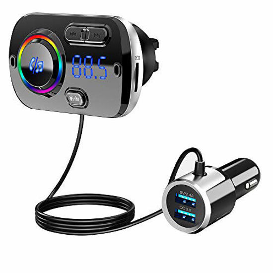 Picture of Bluetooth FM Transmitter 5.0, Bluetooth Car Adapter with Dual USB Ports(QC3.0/2.4A), Wireless Bluetooth FM Radio Adapter MP3 Music Player with 7 Colors Support Hands-Free Calls, TF Card AUX