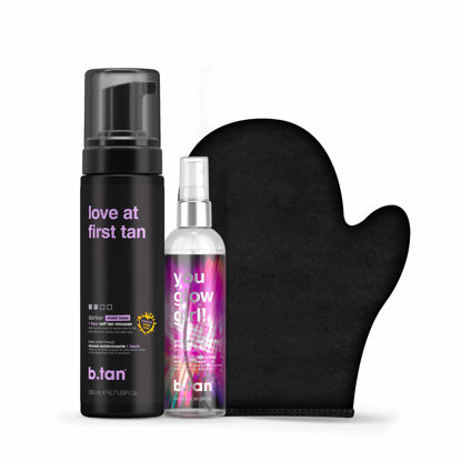 Picture of b.tan Darker + Glowy Self Tanner Kit | Lovers Bundle - Love at First Tan Self Tanning Mousse with You Glow Girl Face + Body Gradual Self Tan Mist with Self Tanning Mitt Applicator, 1 Hour Sunless Tanner, Fast Self Tan, No Fake Tan Smell, No Added Nasties, Vegan, Cruelty Free, 6.7 Fl Oz